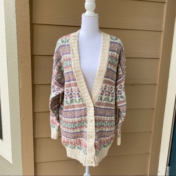 VTG Liz Sport Cream Pink & Light Green Chunky Button Up Cardigan Sweater - Picture 6 of 15